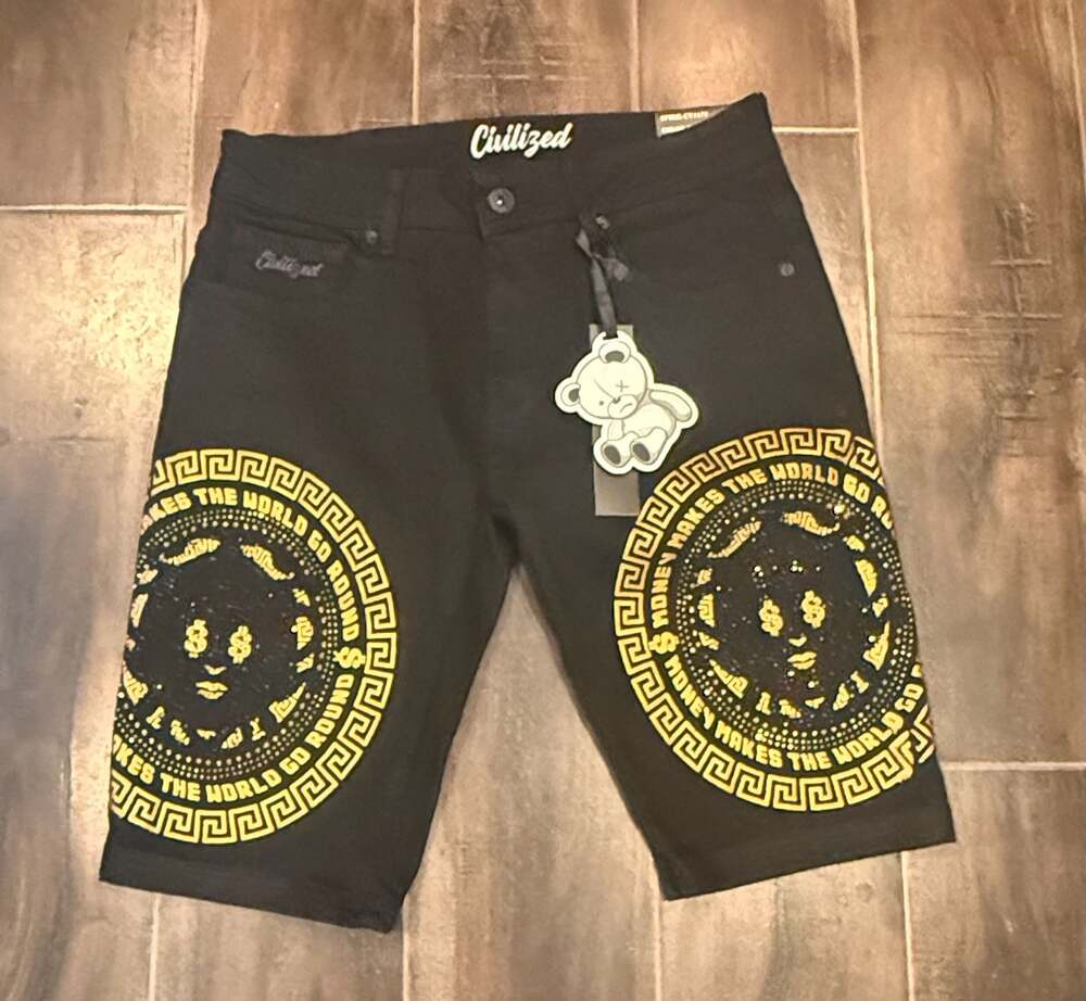 Civilized Black and Gold Lion Greek Key Rhinestone Denim Shorts Size 32 NWT